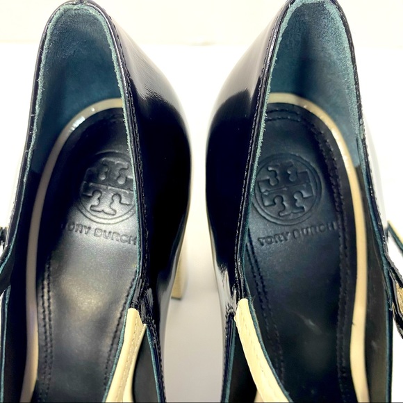 Tory Burch Faye Black Dark Ivory Patent Leather Block Pump Heels Size 7 - Picture 6 of 15